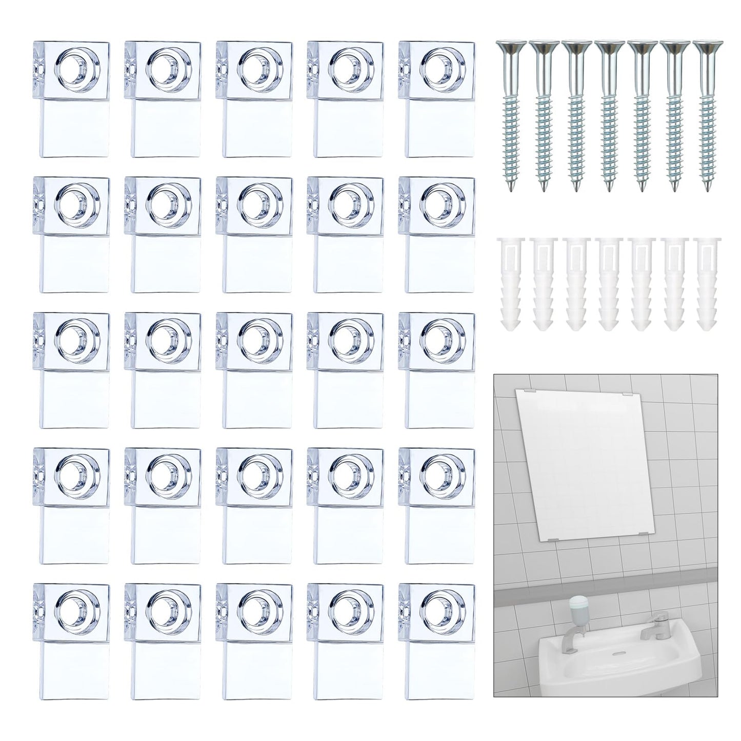 25 Set of Mirror Brackets, Crystal Clear Plastic Glass Retainer Clips Kit for Wall Mounting, Adjustable Mirror Clips with Screws, Frameless Mirror Hanging Kit and Fixed Mirror Box Door