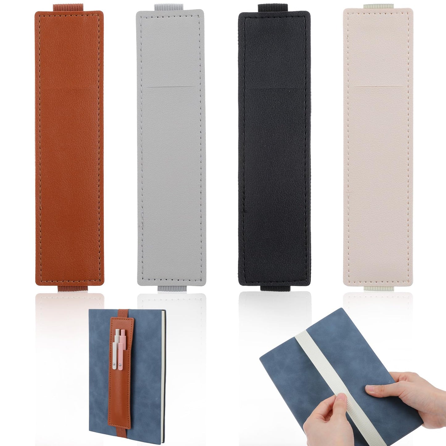 Tyqour 4Pcs Adjustable Elastic Notebook Band Pen Holder, PU Leather Pen Sleeve Pouch, Pencil Holder Case for Hardcover Journals, Bible, Notebook, Planners, Binders and Books