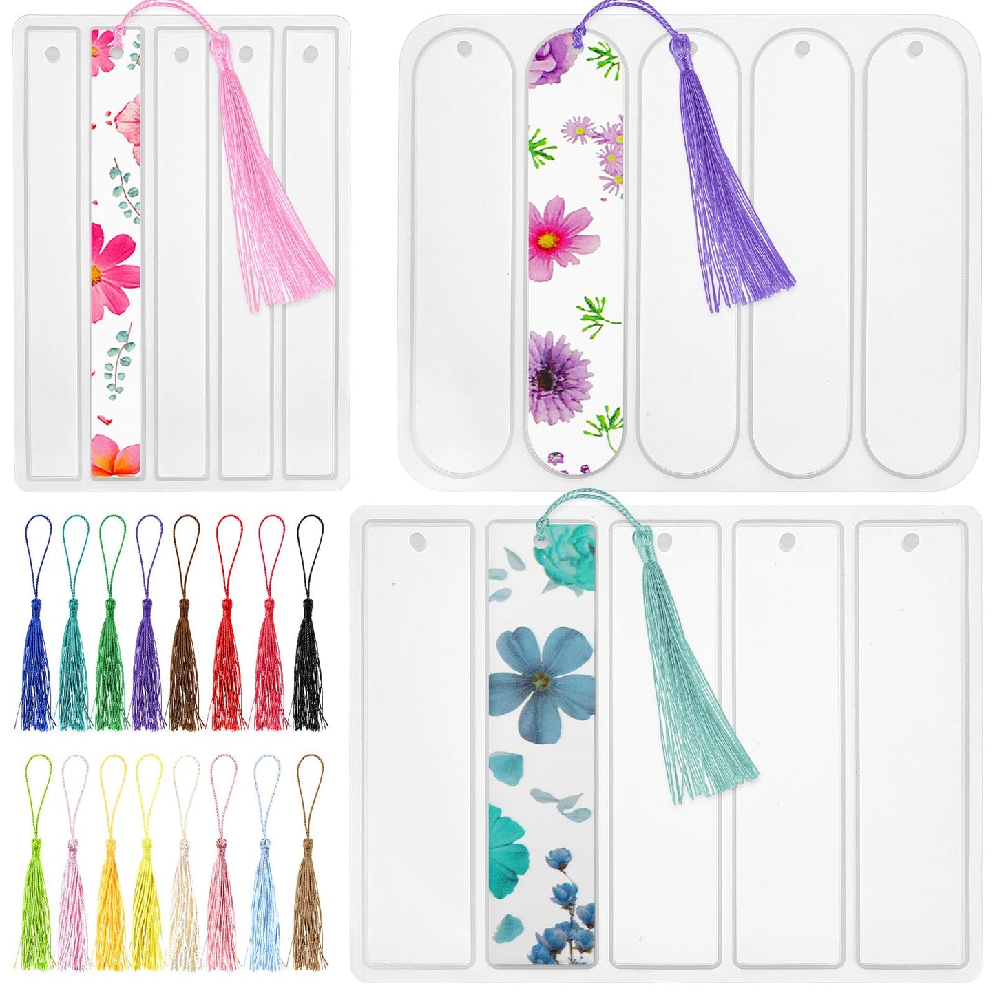 Ouligay Pack of 3 Epoxy Resin Moulds Silicone for Bookmarks, Resin Bookmark Crafts, Silicone Mould with 16 Tassels, Bookmark Epoxy Resin Mould, Bookmark Mould for DIY Crafts, Personalised Bookmarks