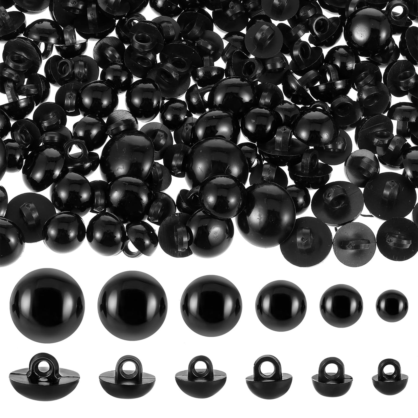 Xinjoduz 300PCS Safety Eyes for Amigurumi, Black 7mm to 15mm Plastic Eyes for Crochet Animals Round Stuffed Animal Eyes Mushroom Domed Sewing Crafting Eyes for DIY Bear Puppet Plush Animal Doll Making