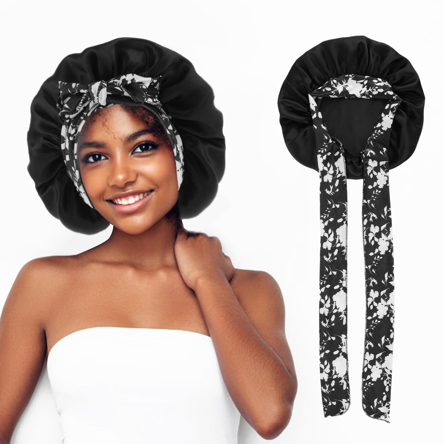 Ouligay Satin Bonnet Hair Bonnet for Bath Silk Bonnet Hair Wrap for Sleeping Tie Band for Women Curly Hair Sleeping(Black)