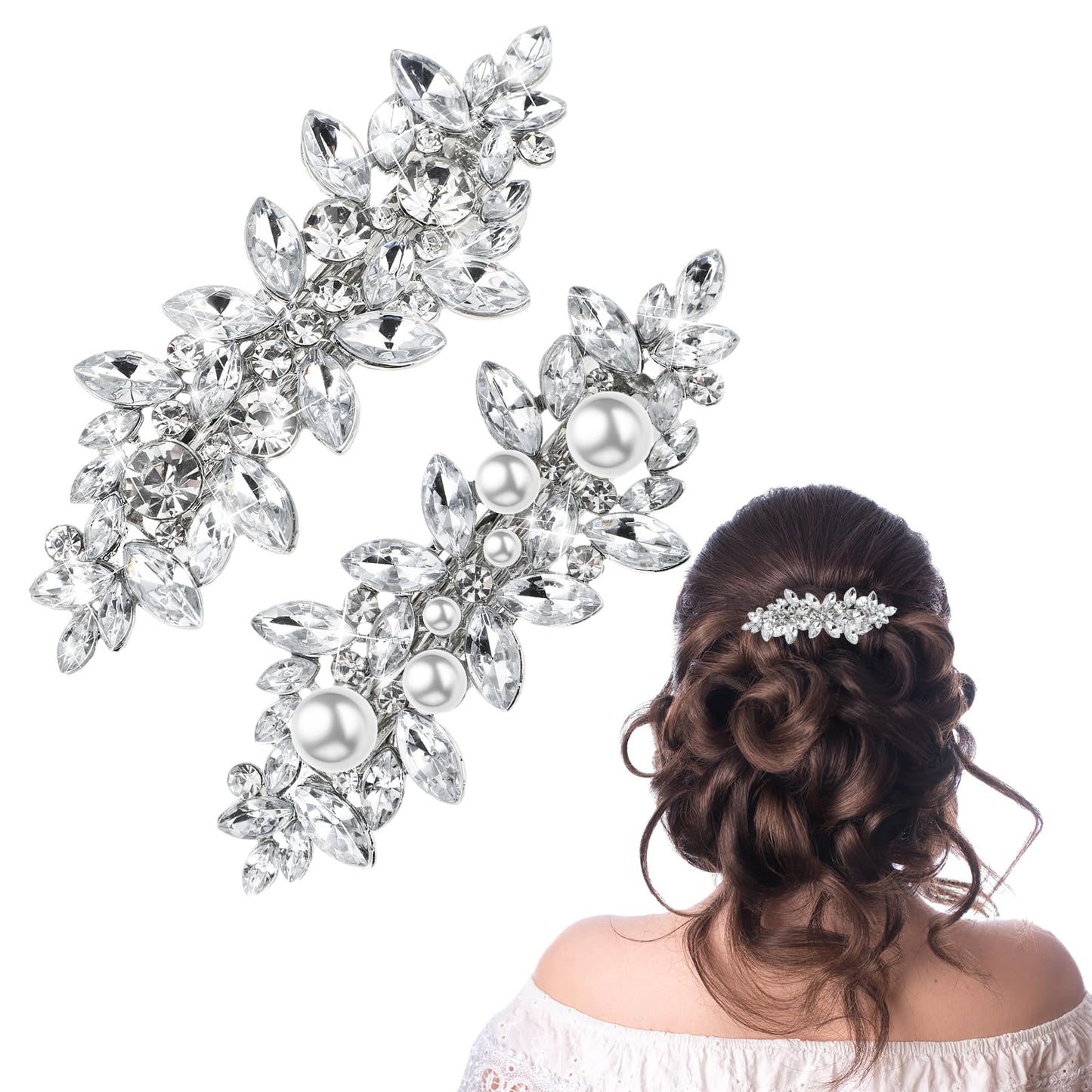 2Pcs Rhinestone Hair Clips, Mabor Pearl French Hairpins Crystal Hair Clips Rhinestones Bridal Barrette Sliver Wedding Hairpins Hair Accessories for Women Girls Bridesmaid