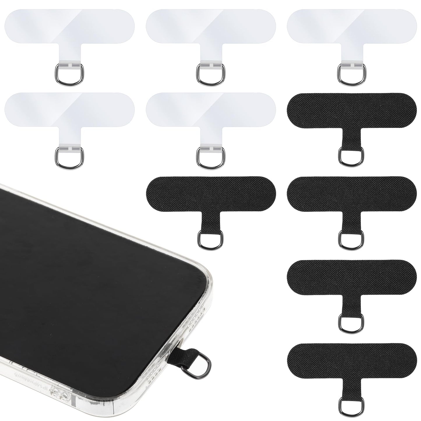 10 PCS Phone Lanyard Tab Universal Phone Lanyard Patch Without Adhesive Metal Phone Tether Tab Heavy Duty Phone Strap Replacement Part Phone Case Lanyard Insert for Most Smartphones (Black, Clear)