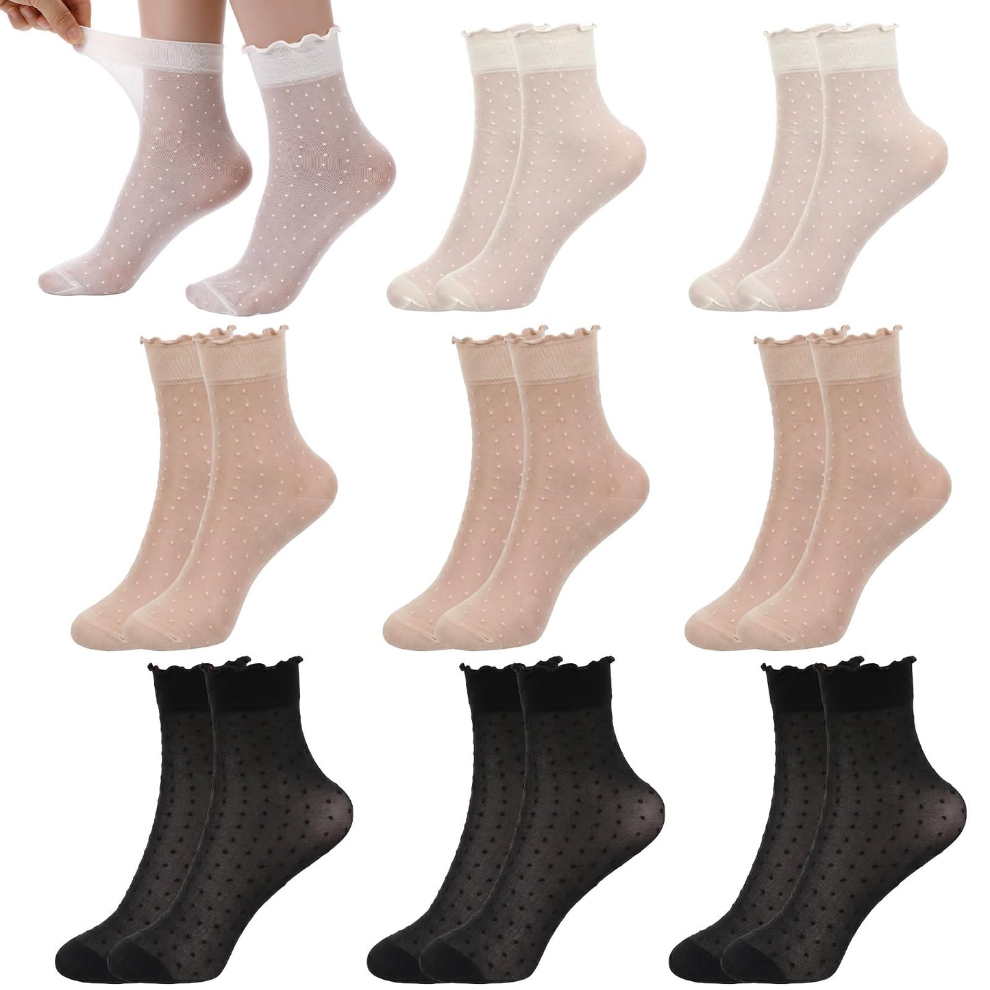 Shimmeroo 9 Pairs Polka Dot Frilly Socks Women,5-9 Sheer Ruffle Socks Women