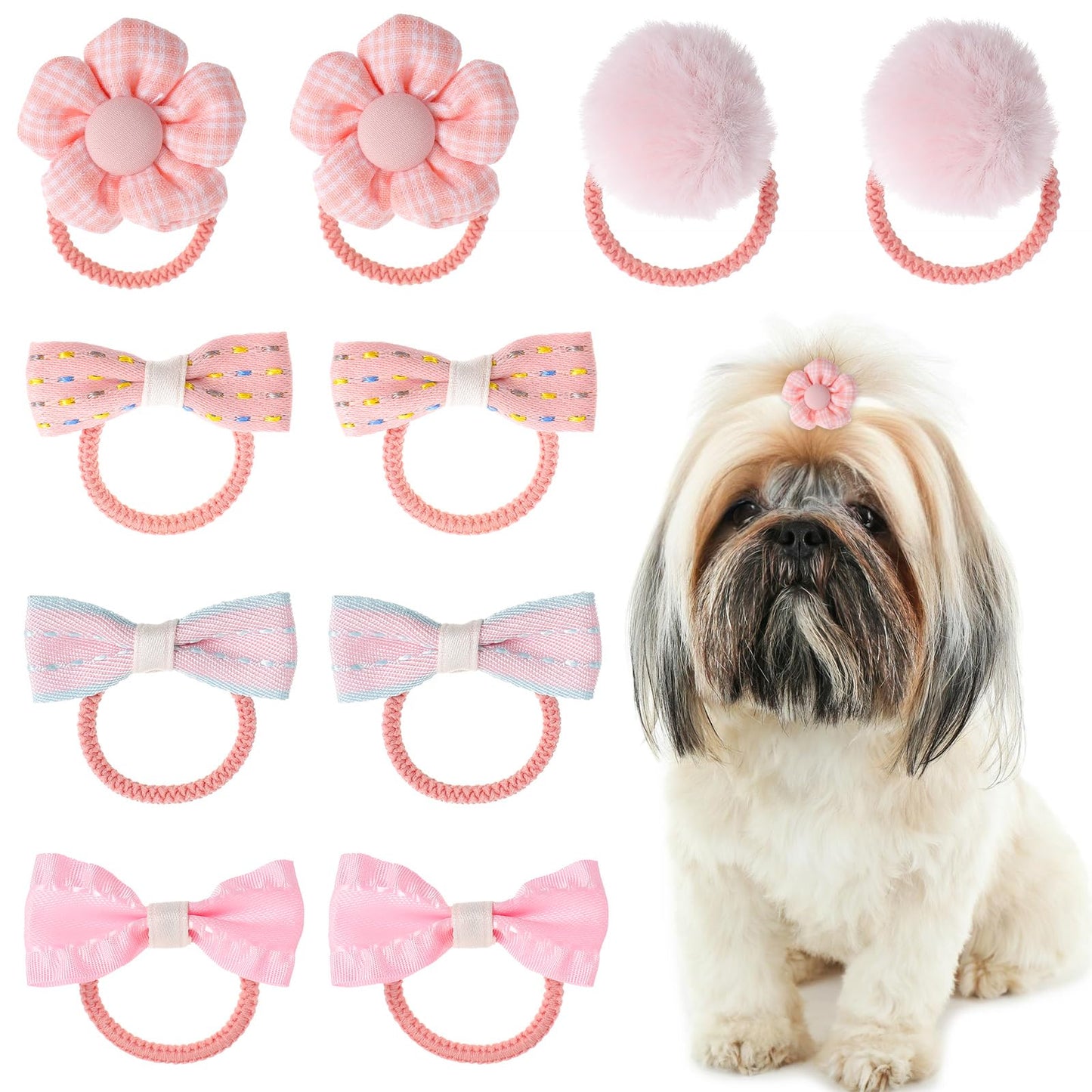 10 PCS Bows for Dogs Girls Pink Dog Bows with Rubber Bands Puppy Hair Bows Mix Style Handmade Puppy Hair Bows Cute Grooming Flower Ball Bowknot Top Knot Dog Hair Accessories for Puppies Yorkie Teddy