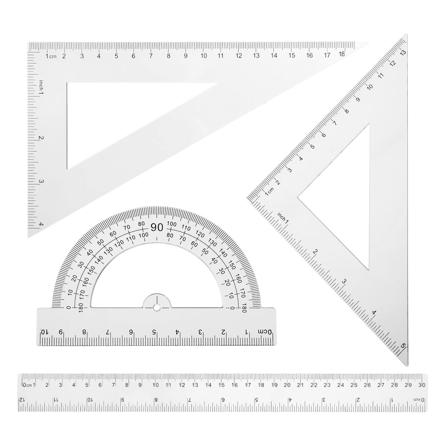 4 Pcs Math Geometry Tools Includes Straight Edge Ruler 12 Inch, 7.8 and 8.8 Inch Triangle Ruler, 4 Inch Protractor Drafting Tools Plastic Ruler for School Office Home Supplies (1 Sets)