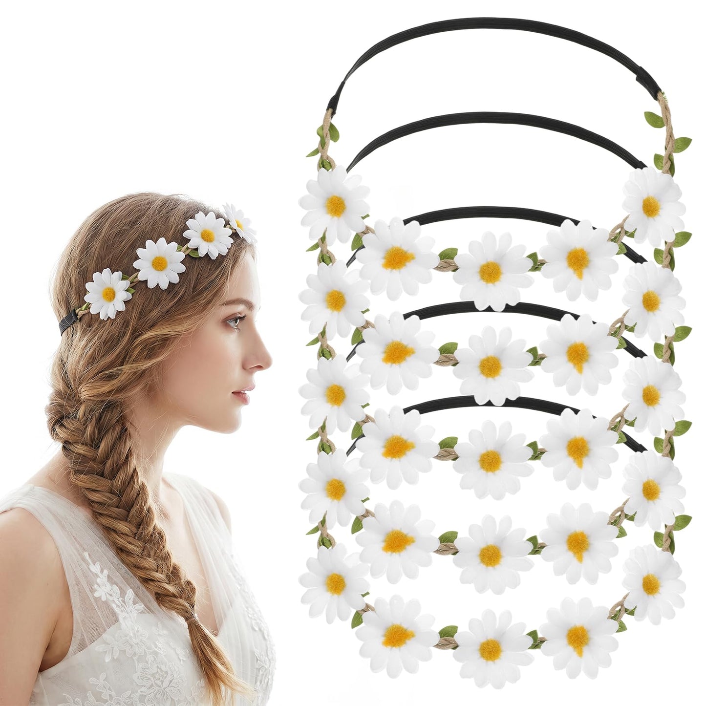 Sorcristy 5 Pcs Daisy Flower Headband Wreath Hippie Headband