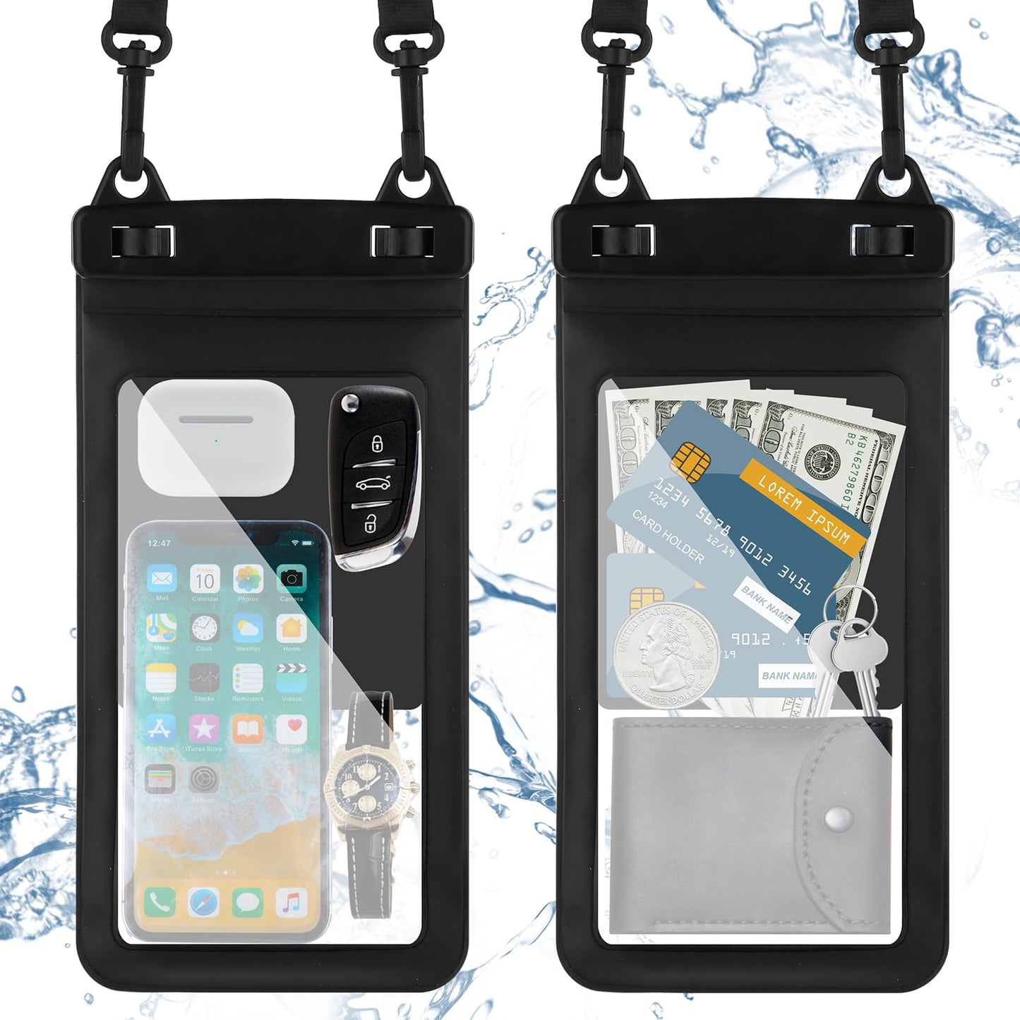 Tyqour 2 Pack Waterproof Floating Phone Pouch, Universal Waterproof Phone Case for Snorkeling, Waterproof Case for Phone Dry Bags for Vacation Beach Pool Kayak Cruise Travel Essentials Black
