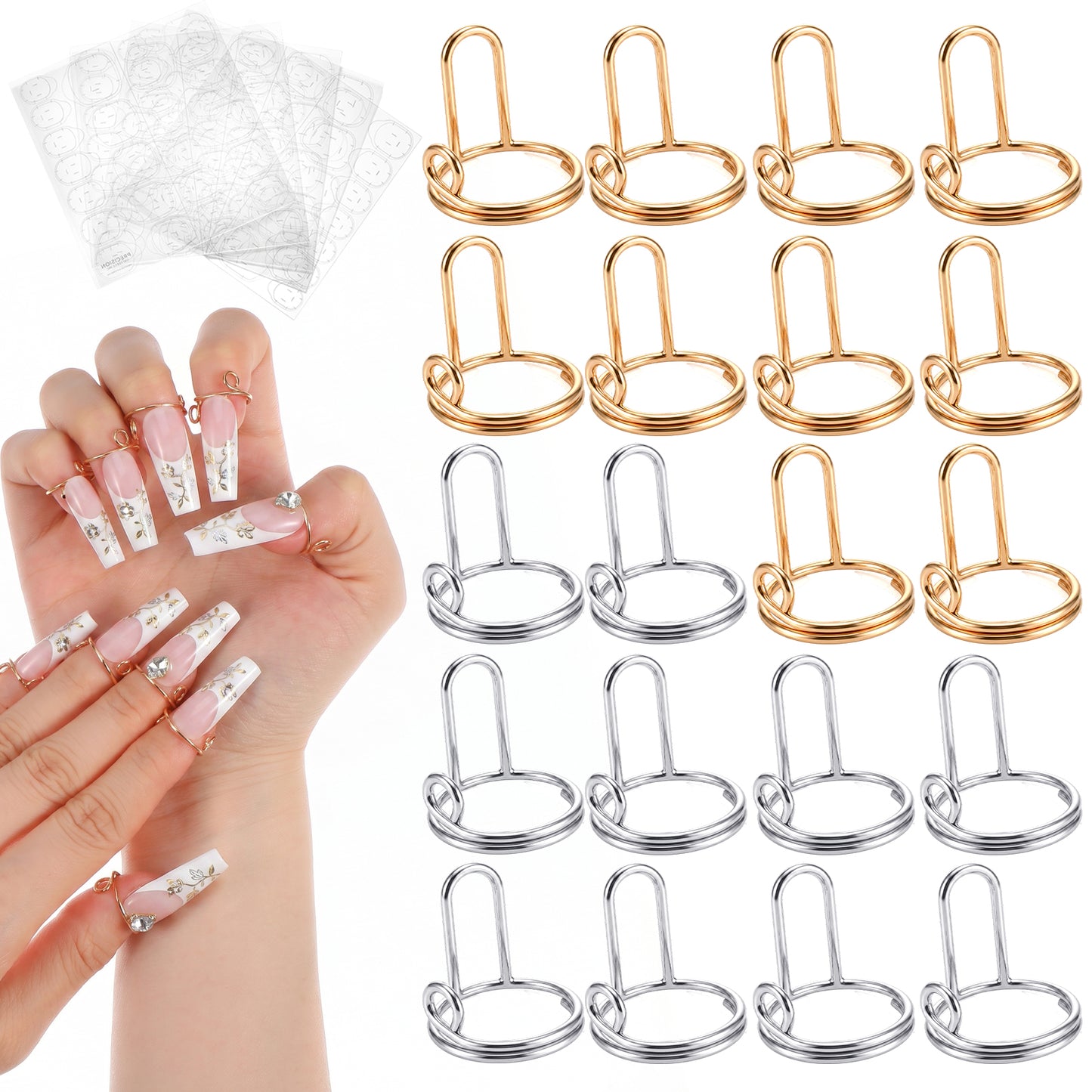 Nogeqi 20 Pcs Nail Rings with 120pcs Adhesive Nail Tabs No Glue, Adjustable Fingernail Rings, Non-Tarnish Metal Nails Ring for Women Nails Art Decoration (Gold, Silver)
