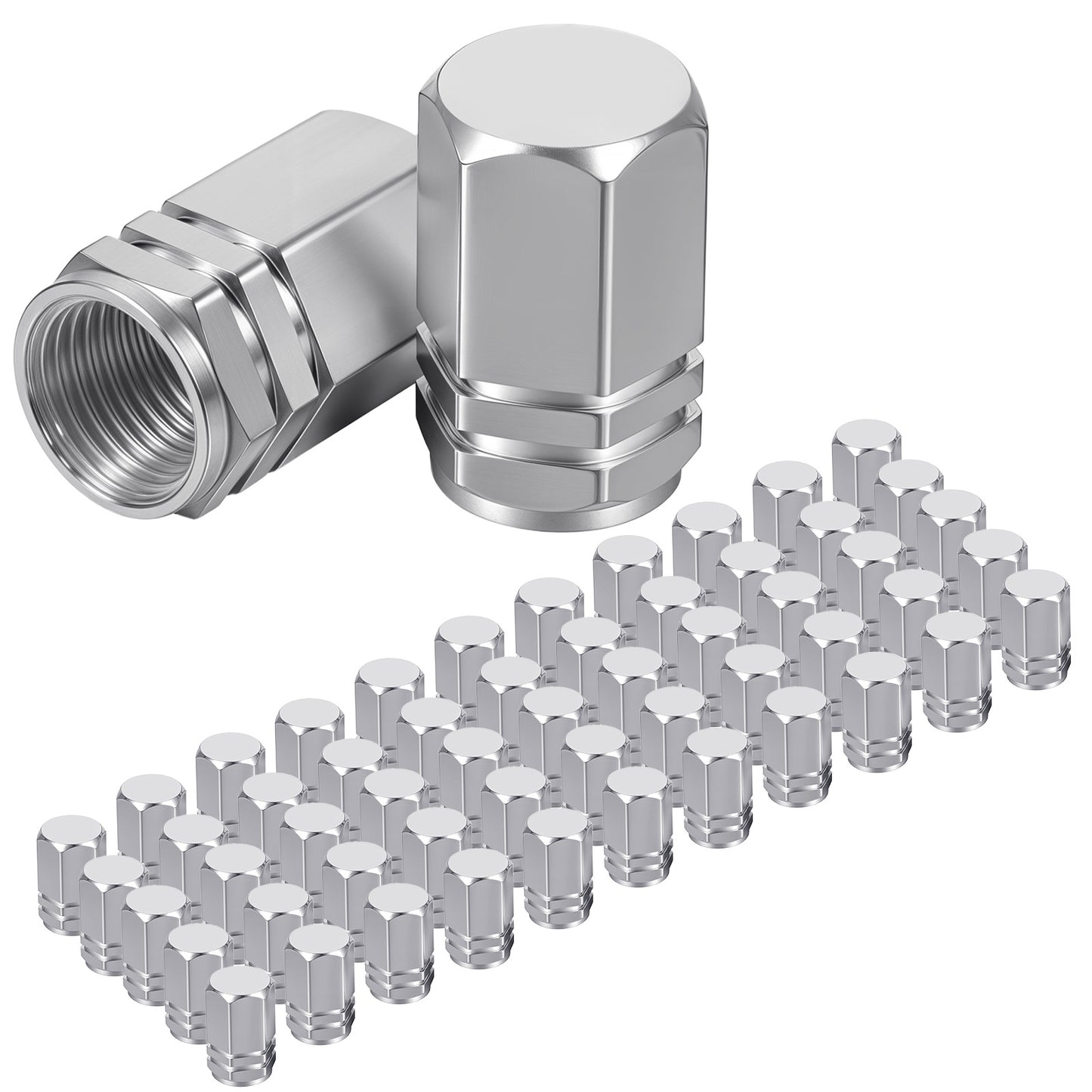 50pcs Tire Valve Stem Caps, Universal Hexagon Design Leak-Proof Aluminum Alloy Car Tire Valve Caps for Cars, SUV, Trucks, Motorcycles, and Bikes (Silver)