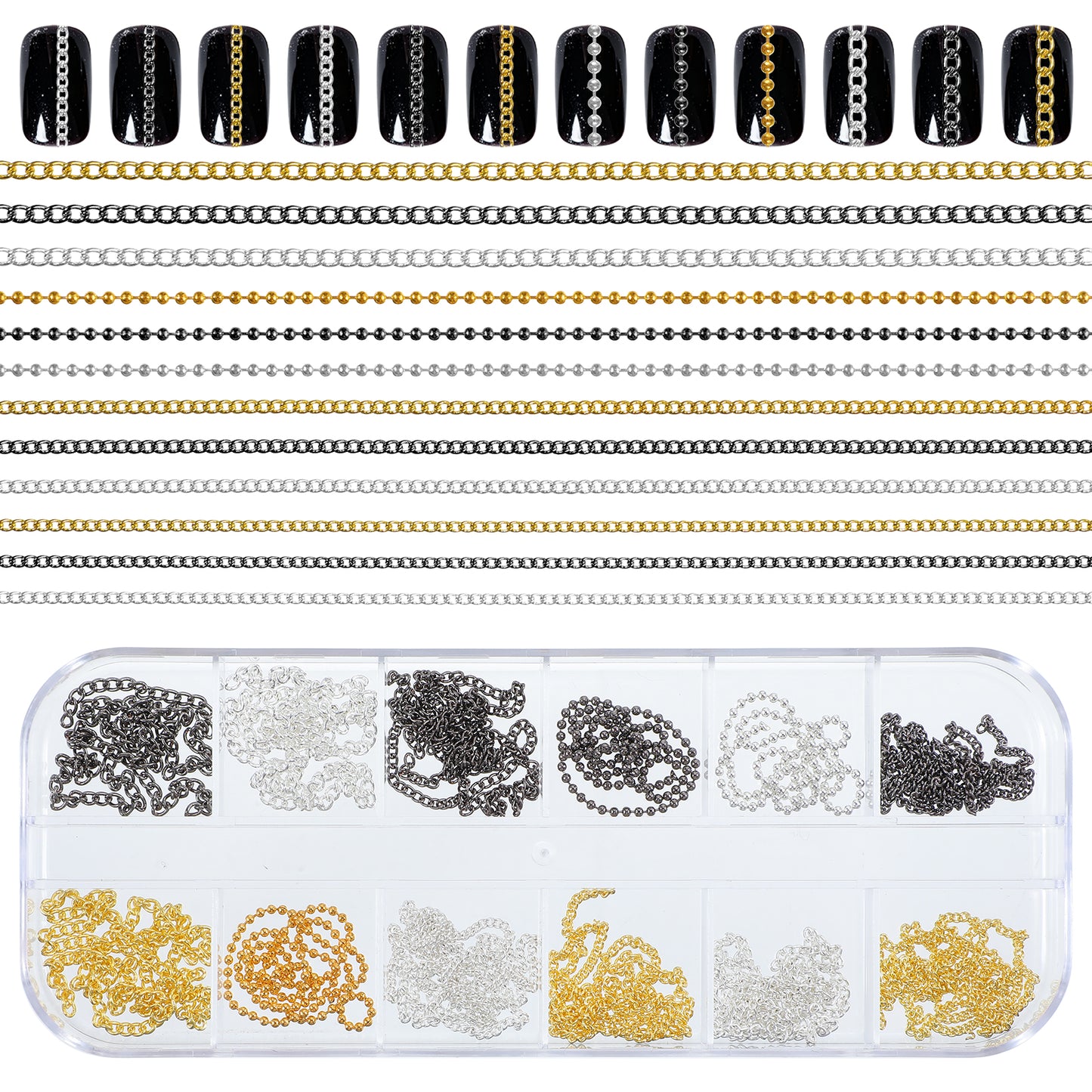 12 PCS Metal Nail Art Chains, 3D Decorations Charms Personality Nails Jewelry Design Ornaments Gold Silver Black Nail Chains with Box for DIY Manicure and Nails Design