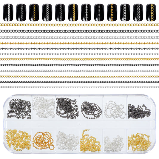 12 PCS Metal Nail Art Chains, 3D Decorations Charms Personality Nails Jewelry Design Ornaments Gold Silver Black Nail Chains with Box for DIY Manicure and Nails Design