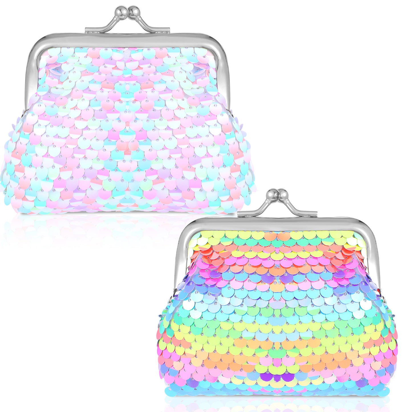 2PCS Women’s Small Change Purse Cute Colorful Pocket-Sized Nylon Coin Pouch Rectangle Kiss Lock, Double Sided Sequin, Mini Coin Purse Wallet Gifts for Girl