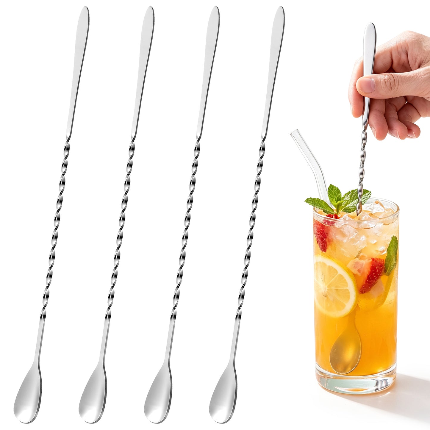 Quvvarly 4Pcs Bar Spoon Cocktail Stirrers Mixing Silver Long Teaspoons