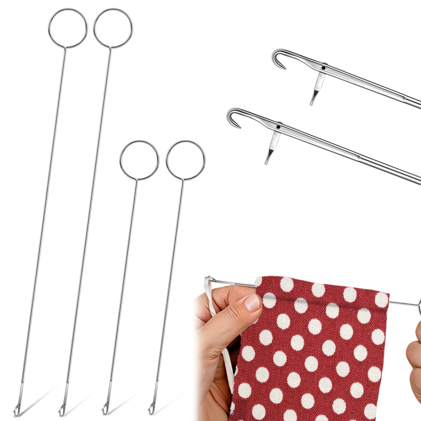 Nogeqi 4PCS Loop Turner Sewing Tool, Loop Turner Tool for Silicone Beads, 2 Sizes Drawstring Threader with Latch for Fabric Belts Strips, 26.5 cm/18 cm