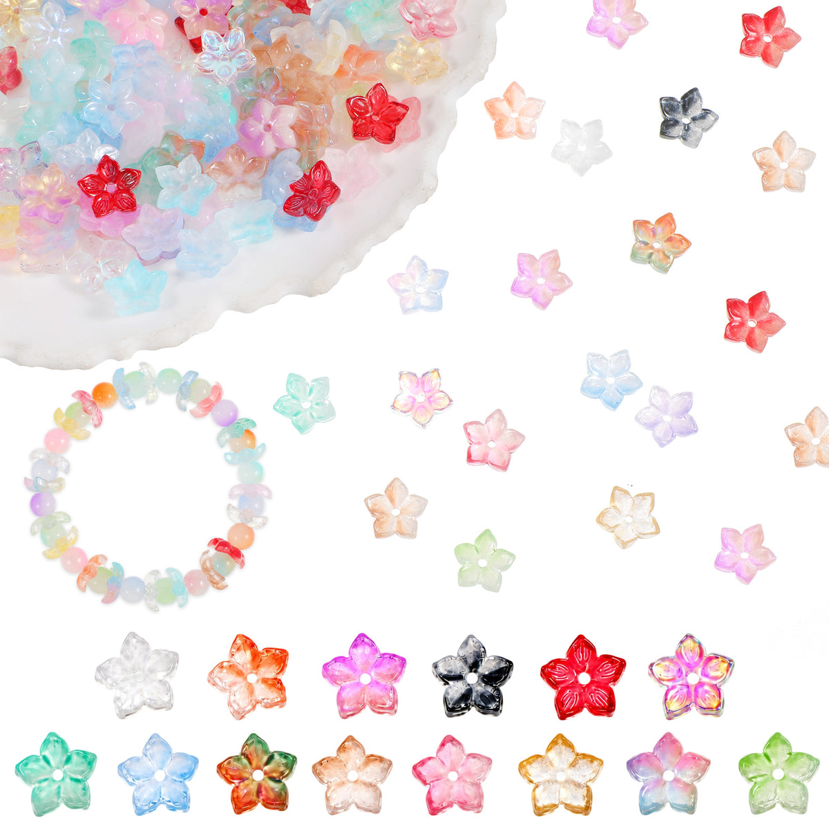 RAHHLIZS 160pcs Colorful Glass Flower Beads, Transparent Floral Beads