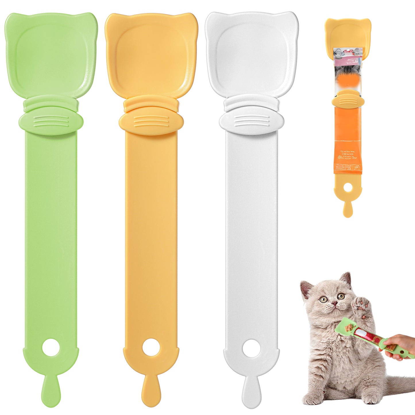 Xinjoduz 3 PCS Cat Strip Feeder, Cute Cat Head Shape Cat Treat Spoon Multifunctional Cat Treat Dispenser 2-in-1 Lickable Cat Strip Squeeze Cat Spoons for Wet Food Pet Supplies(Green Orange White)