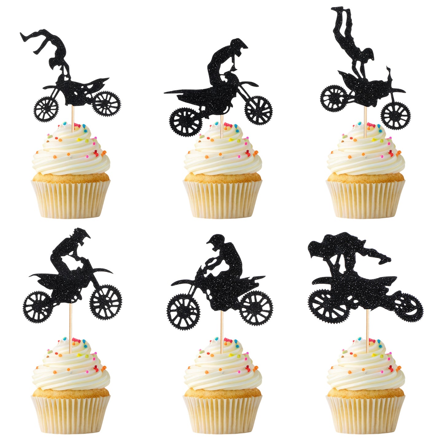 Ymapinc 24 PCS Motorcycle Cupcake Toppers - Black Glitter Racing Sports Themed Cupcake Toppers for Dirtbike Birthday Party Decorations, Dirt Bike Cake Topper Sticks, Party Club Supplies