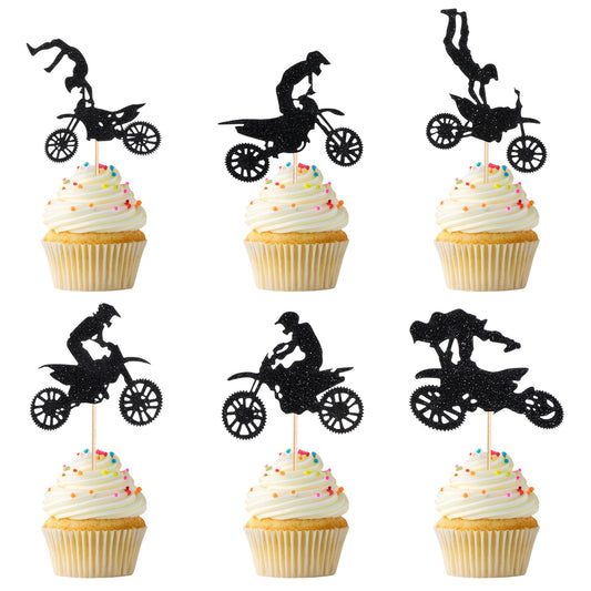 Ymapinc 24 PCS Motorcycle Cupcake Toppers - Black Glitter Racing Sports Themed Cupcake Toppers for Dirtbike Birthday Party Decorations, Dirt Bike Cake Topper Sticks, Party Club Supplies