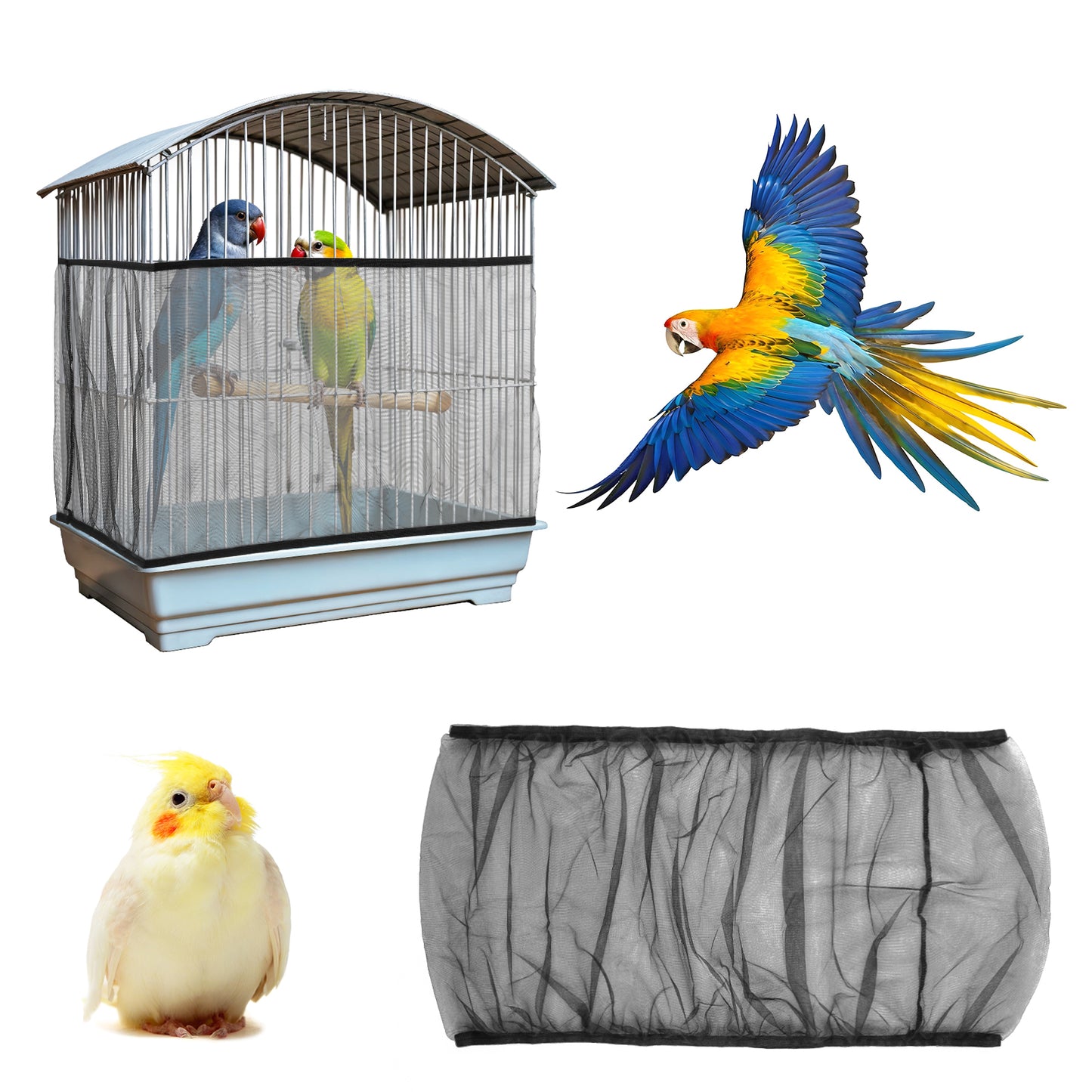 Mabor Bird Cage Seed Catcher Adjustable Black Bird Cage Net Cover with Elastic Band Netting Guard Stretchy Mesh Cover for Parrot Protector