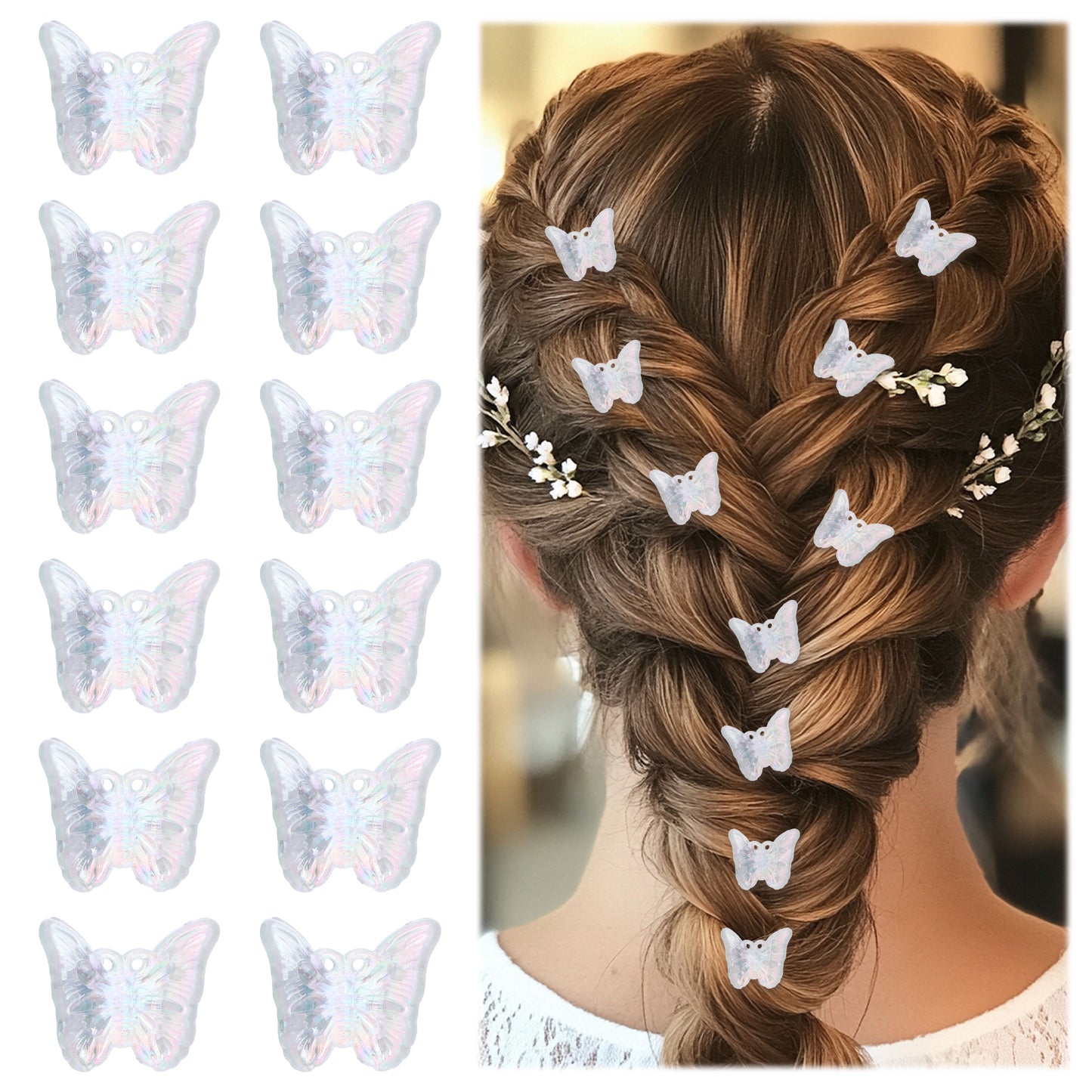 Xinjoduz 12 PCS Mini Butterfly Hair Clips, Clear White Butterfly Hair Accessories Tiny Cute Side Bangs Butterfly Claw Clip Small Metal Braided Hair Clips for Women Girls Little Baby Kids