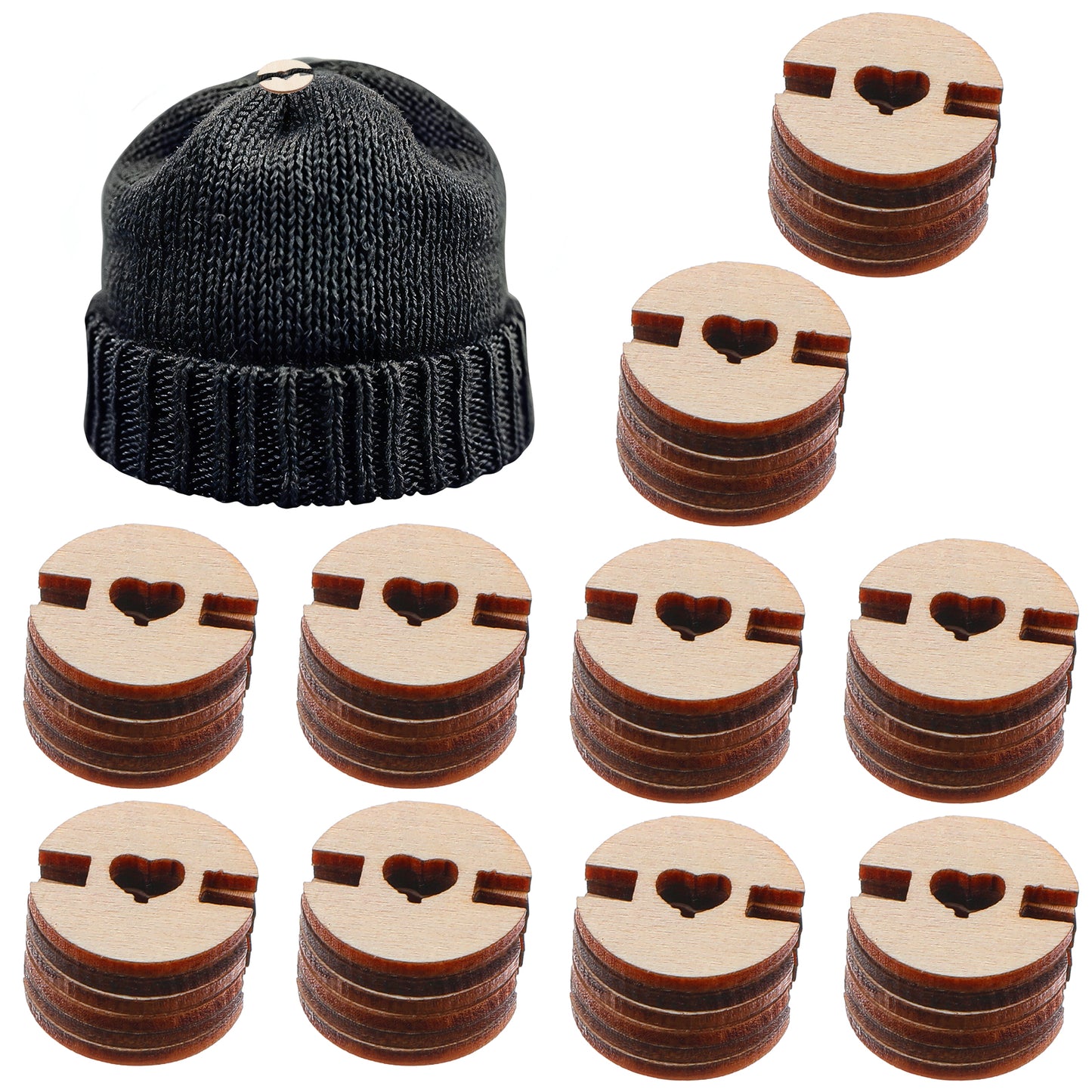 60 Pcs Pom Pom Buttons for Hats, Wooden Handmade Buttons to Attach Pom Poms to Hats Faux Fur Pom Pom Holder Keepers Fastener Removable Love Button Crafts for Knitting Beanies DIY Craft Decoration