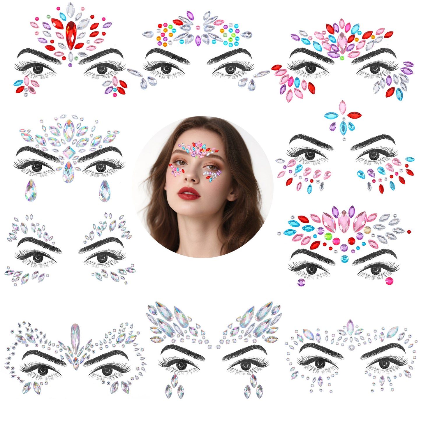 10 Sets Colorful Face Gems for Women Mermaid Face Jewels Stick On Festival Rave Body Stickers Crystal Jewels Eye Gemstones Self- Adhesive Glitter Jewel Tattoo Sticker for Makeup Ladies