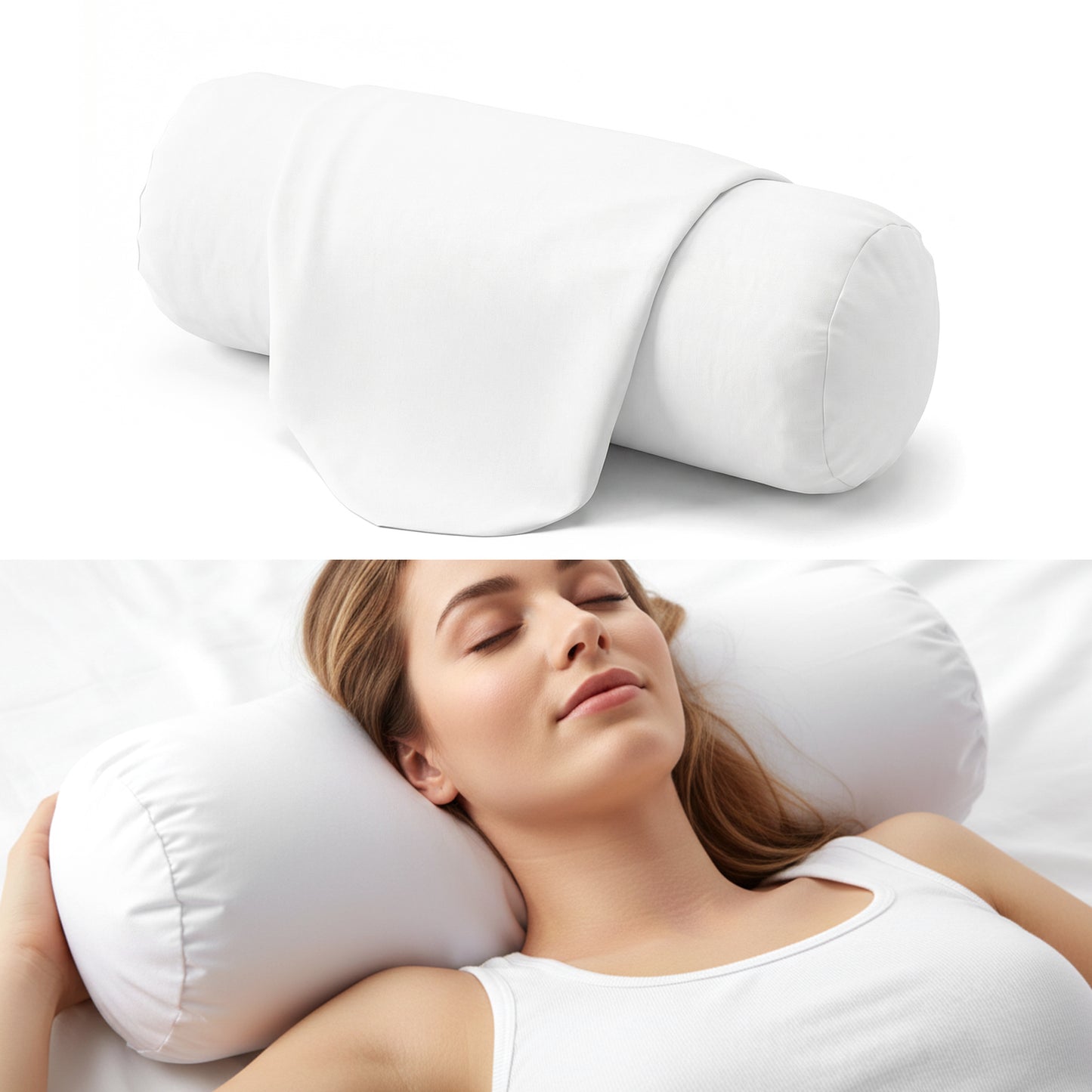 2 Pack Round Bolster Pillow Cases Cover, 16.5x6.3in Soft Breathable Silk Satin Pillowcase, Cylinder Cervical Support Neck Roll Pillowcases with Hidden Zipper for Hair & Skin, Pillow Case Only(White)