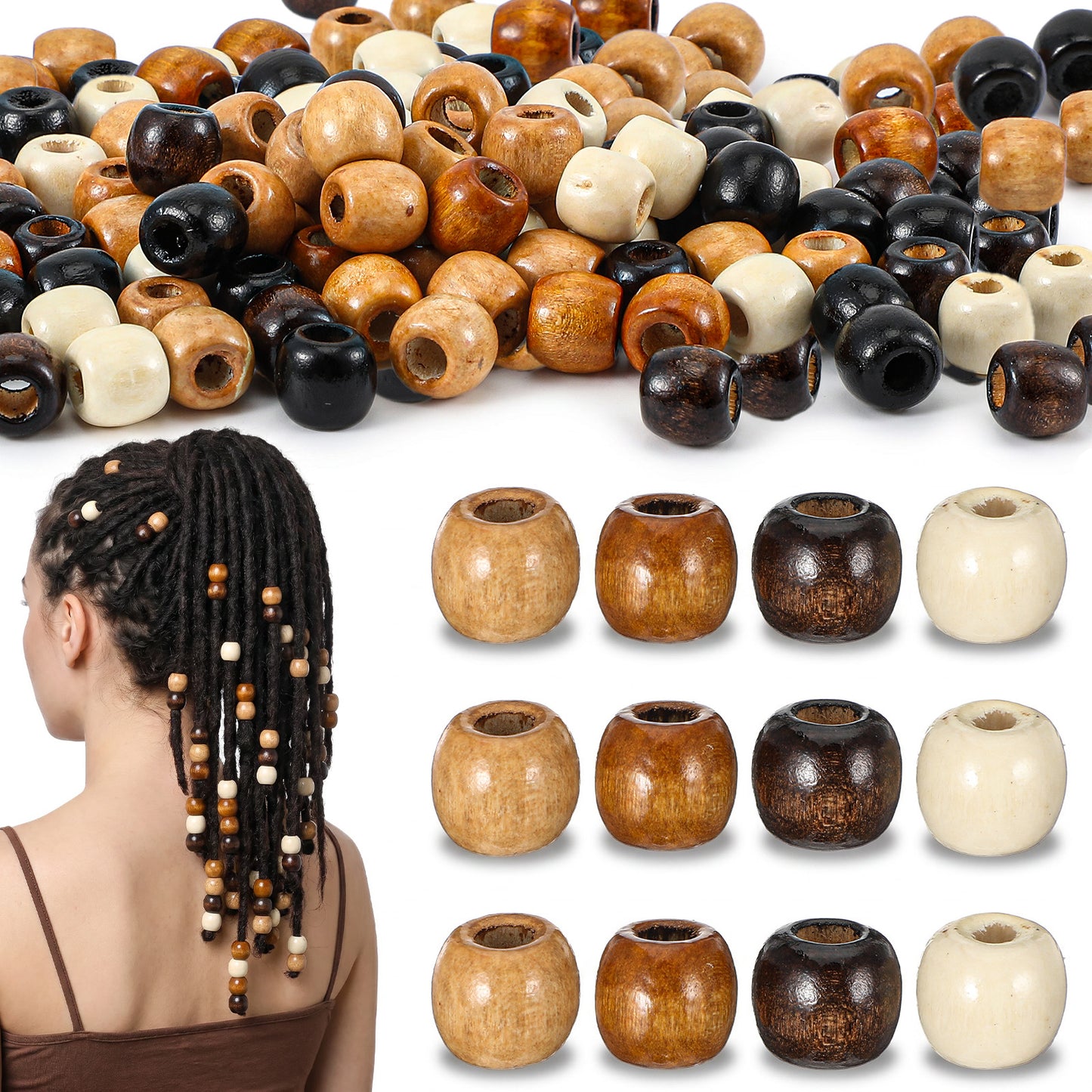 100pcs Wood Hair Beads for Braids, Natural Wooden Hair Accessories, Hairs Jewelry Braids Loc Dreadlock Tube Decoration, Large Hole Barrel Beads for Braiding, Dreadlocks, DIY Crafts, Women and Men