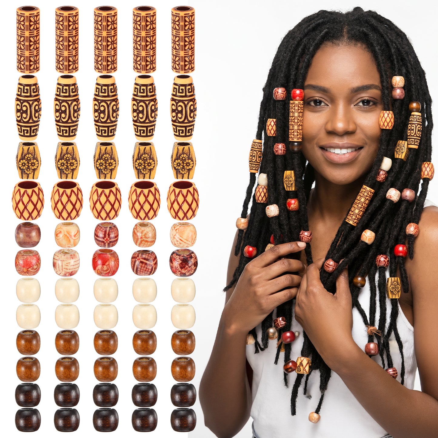 60Pcs Large Wooden Hair Beads for Braids, Ymapinc Long Braid Beads for Adults, Dreadlock Accessories, Hair Jewellery Charms Beard Bead for DIY Hairstyling