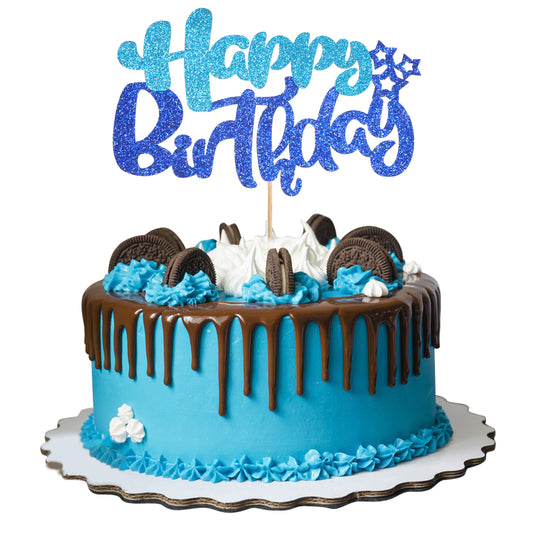 1PCS Happy Birthday Cake Topper, Glitter Happy Birthday Cake Decorations for Celebrating Baby Shower Theme Kids Boys Girls Anniversary Party Decorations Supplies Blue