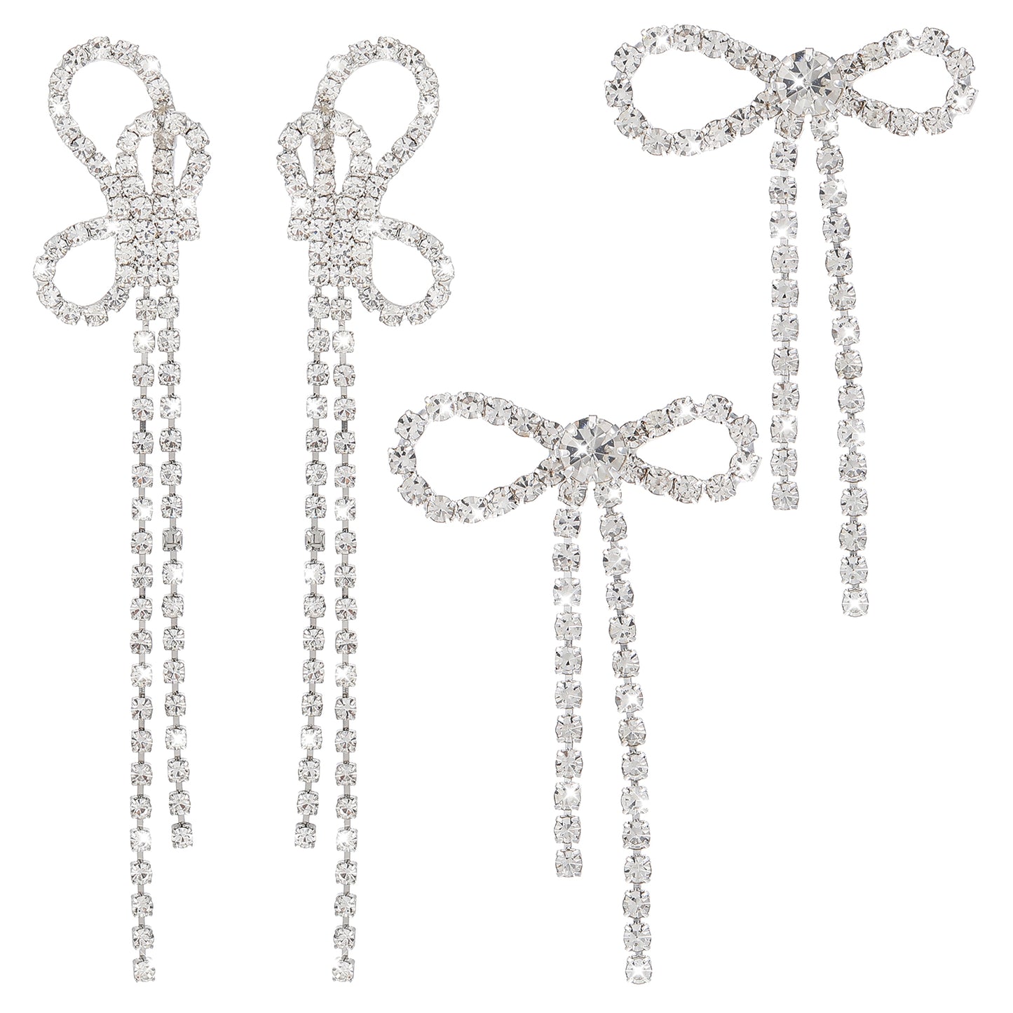2 Pair Bow Earrings For Women Silver Prom Earrings Rhinestone Dangling Sparkly Prom Drop Ribbon As Wedding Statement Jewelry For Brides Bow