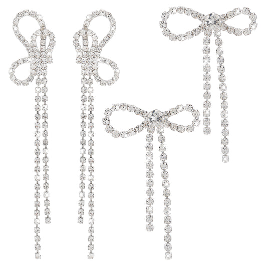 2 Pair Bow Earrings For Women Silver Prom Earrings Rhinestone Dangling Sparkly Prom Drop Ribbon As Wedding Statement Jewelry For Brides Bow