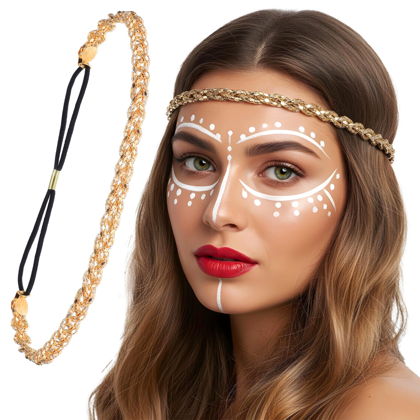 Xindojuz 2 PCS Gold Elastic Rhinestone Headband, 19" Adjustable 70s Headband Sparkly Crystal Disco Braid Headpiece for Women Girls Hair Accessories Singing Dancing Weddings Party Prom(Gold)