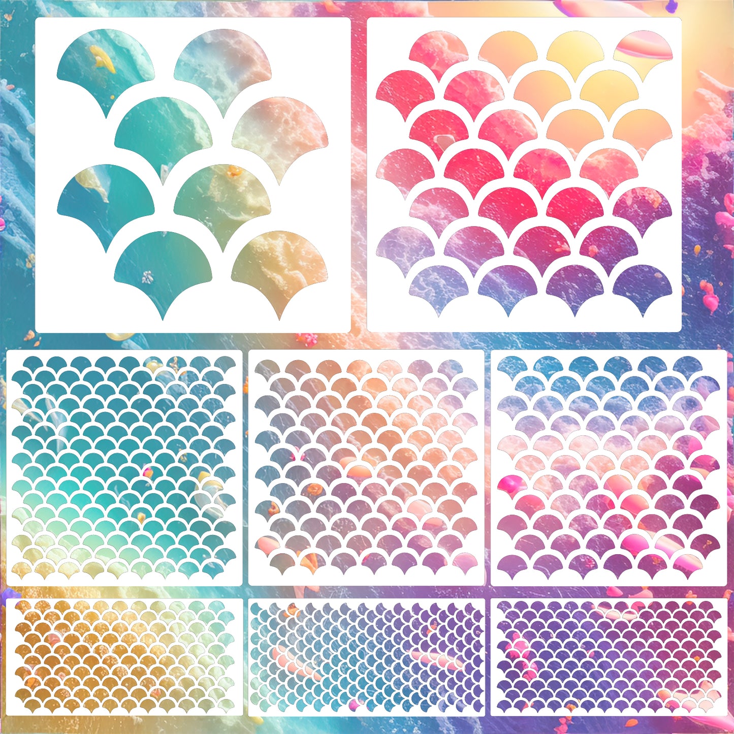 5PCS Mermaid Scale Stencil 8X6 in Fish Scales Stencil Reusable Large Plastic Mermaid Face Paint Makeup Templates for Art Painting Tattoos Painting, Painting on Wall Face Body, Cake Cookie Paint (8)