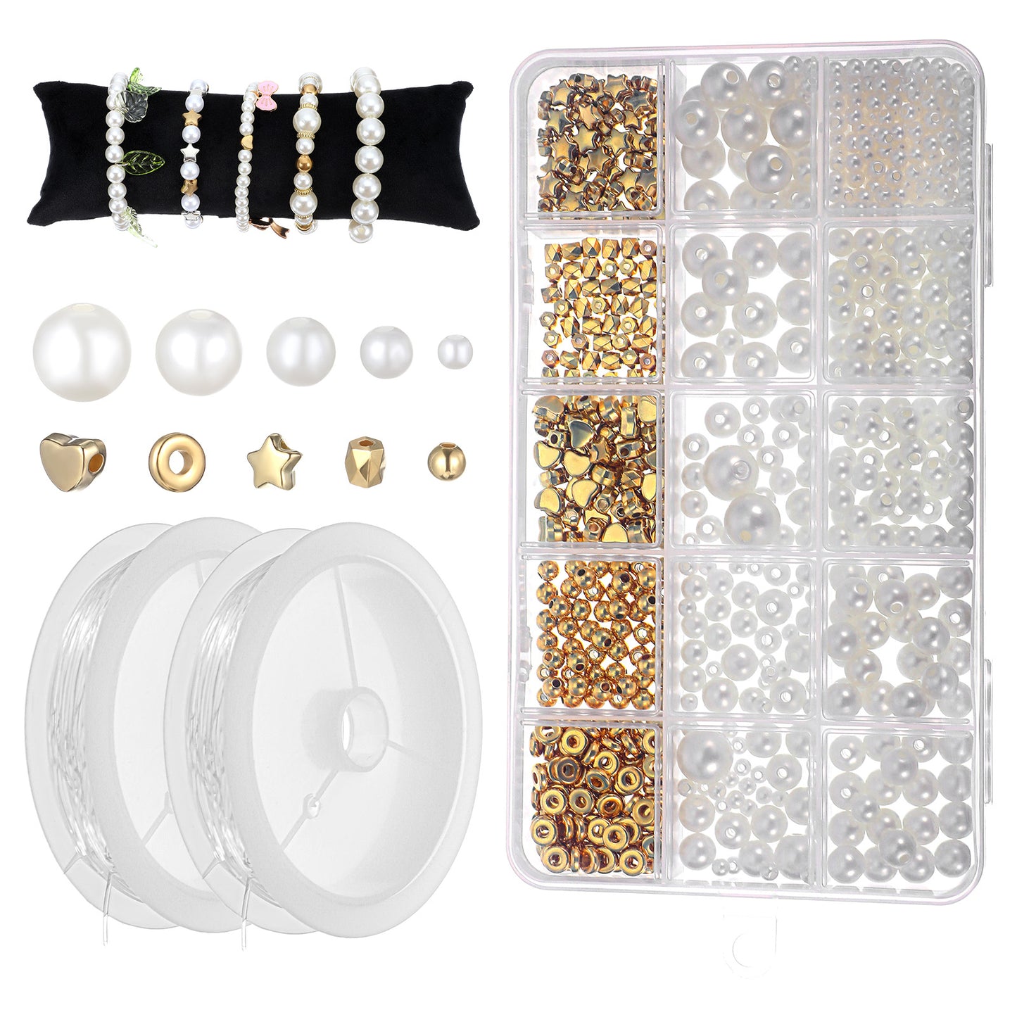 704 Pcs Pearl Beads for Bracelets, Gold Beads Beading Kit Assorted Pearl Jewelry Making Kit with Gold Spacer Bead, DIY Craft for Necklaces, Earrings