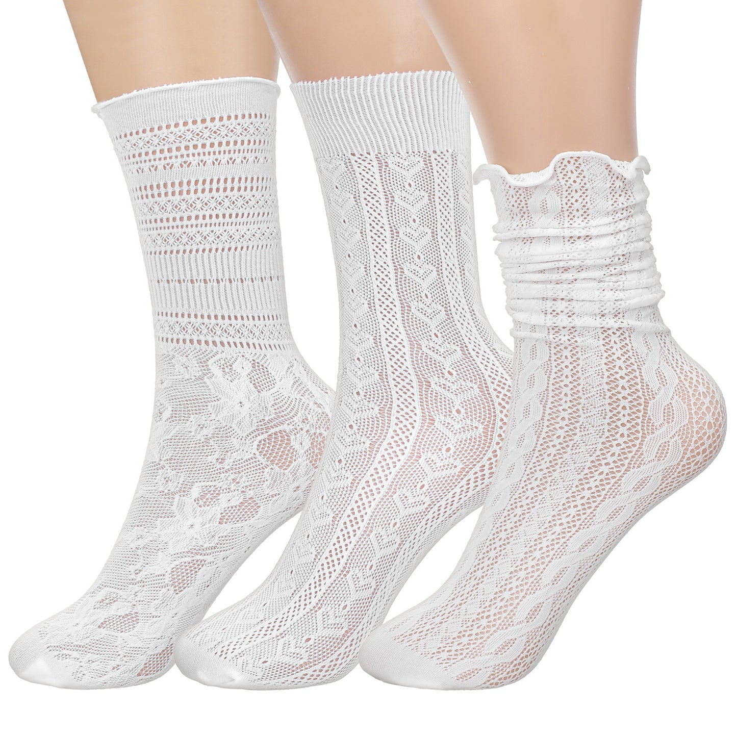 Ouligay 3 Pairs White Sheer Socks for Women, Mesh Casual Lace Socks Women Ruffle Thin Crew Sock Frilly Cute Dress Sock Lightweight Breathable for Everyday Wear, Coquette Y2k Aesthetic