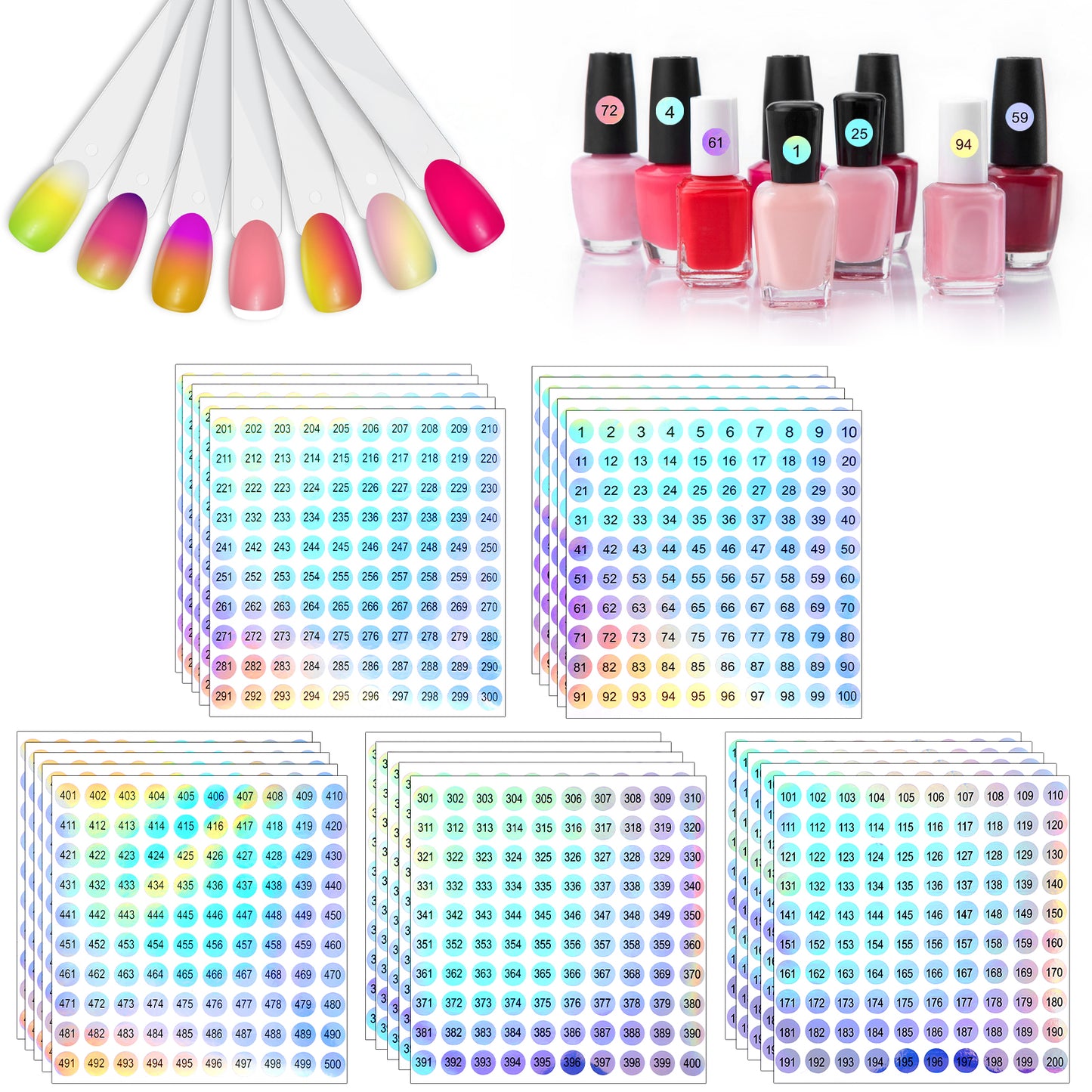 4 Sets Number Labels (1-500) Self-Adhesive Round Office Labels and Stickers Waterproof Round Stickers for Organizing Nail Polish Bottle/Nail Swatch Sticks/Lipstick Inventory Management Women