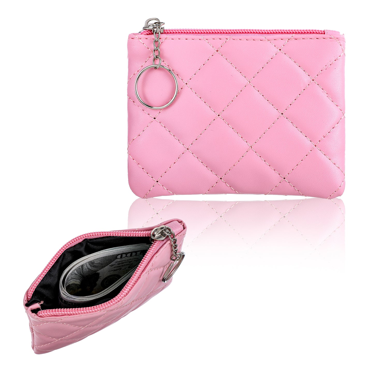 Coin Purse for Women, Small Coin Purse Mini Pouch Card Holder Embroidery PU Leather Zippered Mini Coin Bag with Keychain, Stylish Wallet for Girls for Change, Cards, Makeup (Pink)