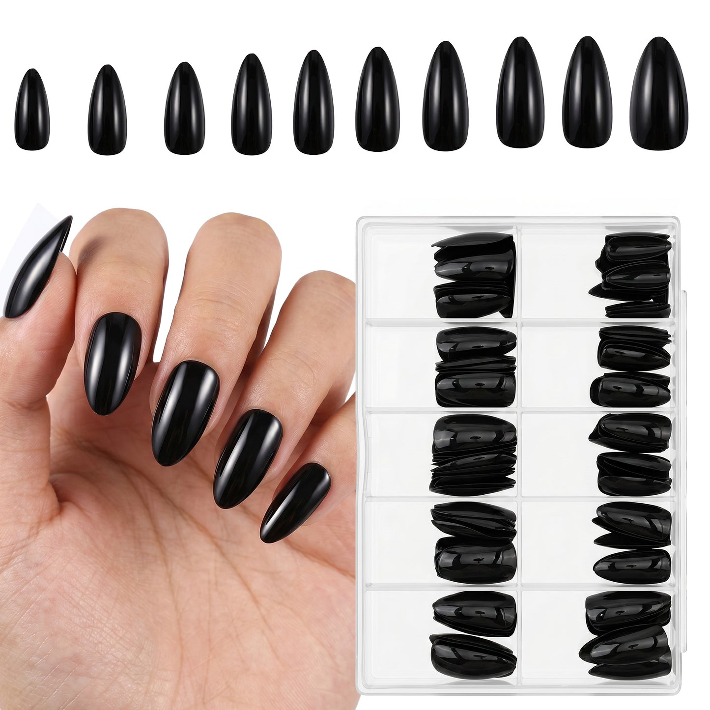 120 Pcs Black Almond Press on Nails, Short Reusable Soft Gel Fake Nails Kit, Natural Fit in 10 Sizes, Full Cover Stick on Nail for Women, Thicker Fingertips
