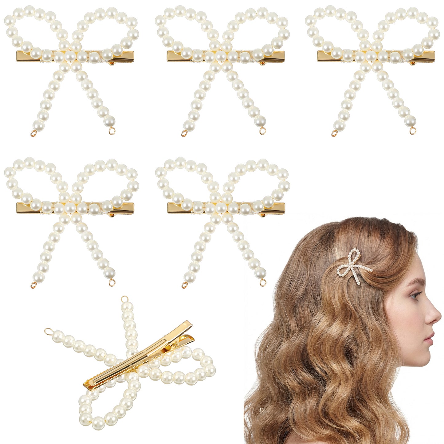 Nogeqi 6PCS Pearl Bow Hair Clips, Exquisite Pearl Hair Accessories, Elegant Bows Bowknot Clips Non-slip for Women Weddings Brides Flower Girl Proms Party and Daily Use