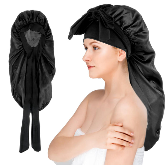 Tyqour Long Hair Bonnet for Sleeping, Long Bonnet for Braids, Shower Cap for Braids, Double Layer Hair Cap, Elastic Silk Satin Hair Bonnet with Tie Band for Women