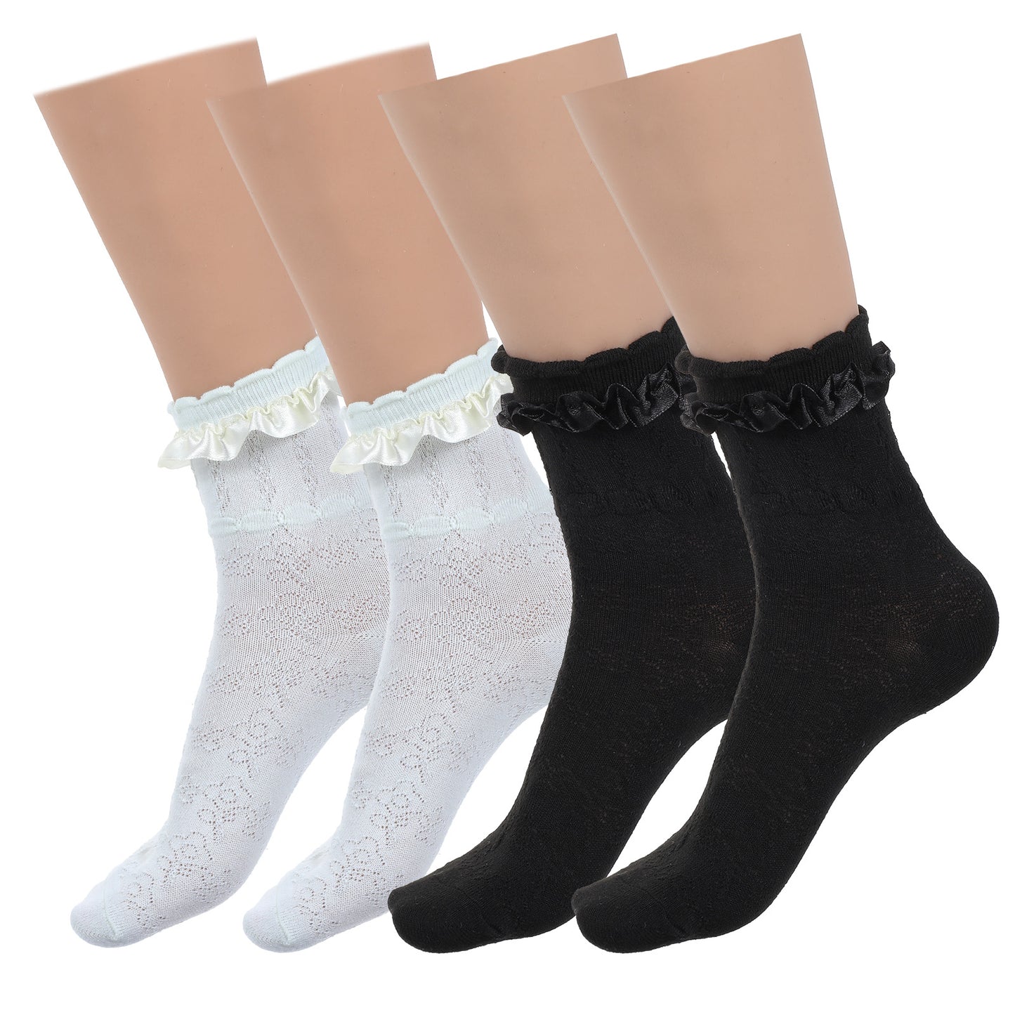 Nogeqi 2 Pairs Ruffle Socks Women, Cute Frilly Ankle Socks, Comfortable Cotton Princess Lolita Lace Sock for Women Girls (Black, Cream)
