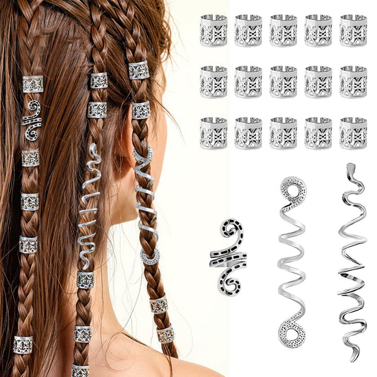 18pcs Snake Hair Clips Decoration Silver,Gold Hair Accessories for Braids,Metal Dreadlock Beads Set,Loc Jewelry for Black Women,Hairs Charms for Dreadlocks and Braiding