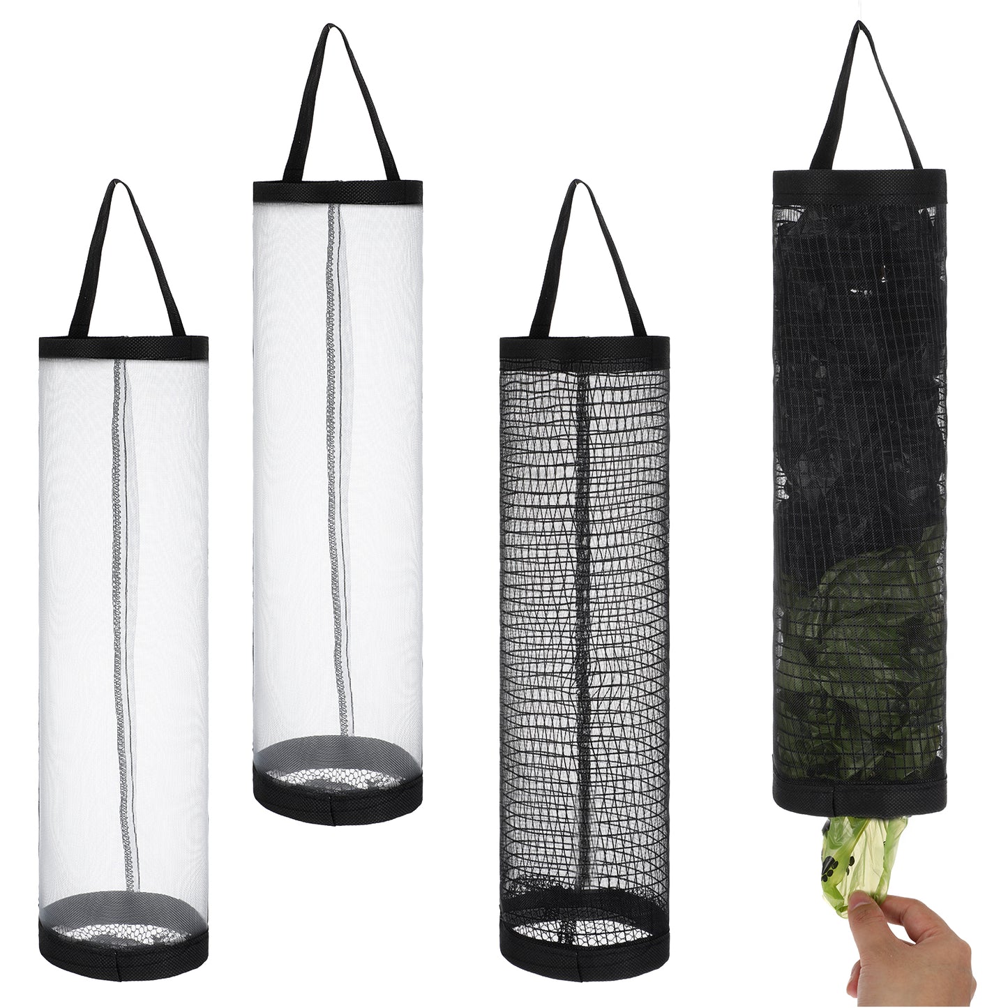 4 Pcs Plastic Bag Holder for Grocery Bags 14.57 Inches Mesh Hanging Storage Dispenser Trash Bag Organizer Shopping Bags Holder Suitable Home Kitchen Tomatoes Potatoes Gray Black Polyester