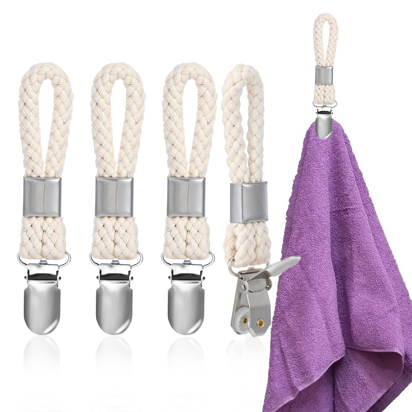 Nogeqi 4 Pcs Towel Clips for Kitchen, Kitchen Towels Clips with Hanging Loop, Towel Hangers for Bathroom Home Cupboards Cloth Hanger Holder(Beige)