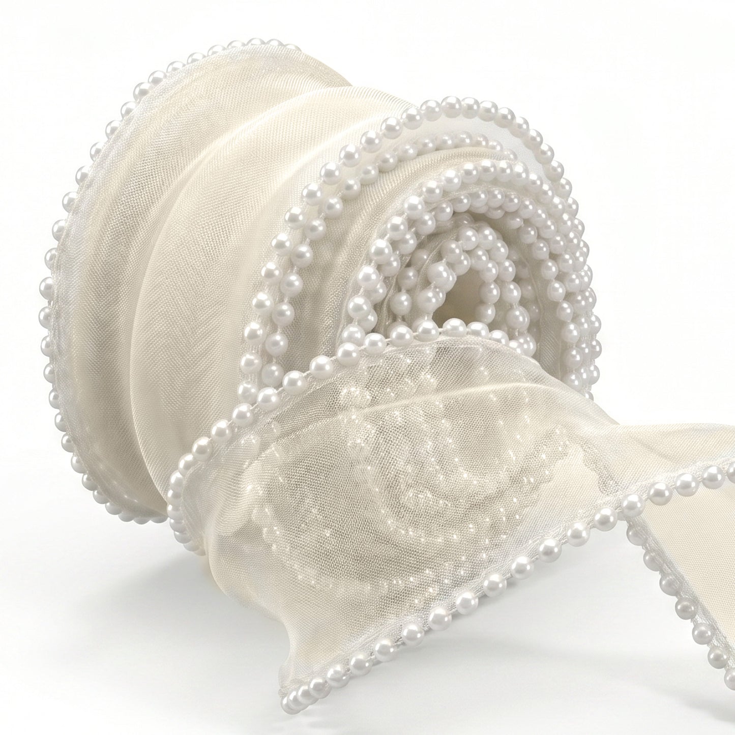 Faux Pearl Edge Ribbon 5 Yards 1.57 Inch Organza Mesh Smooth Ribbon Fishtail Sheer Transparent Ribbons Rolls with Spool for Wedding Craft Gift Wrapping DIY Projects(Off White)