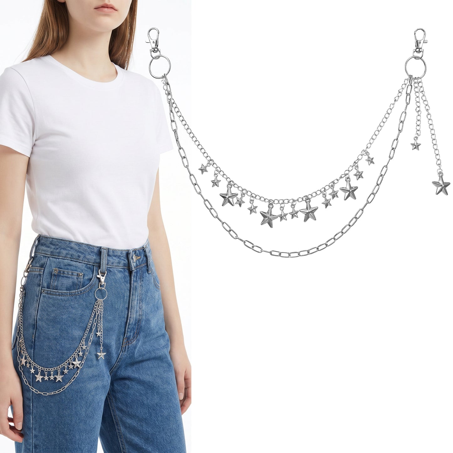 RAHHLIZS Pant Chain Star Silver Waist Wallet Jean Chain Belt Multi-layer Star Pendant Chain, For Jeans Bags Hip Hop Punk Aesthetic Decor for Party Streetwear