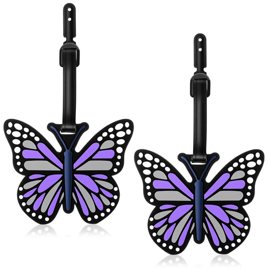 2 Pack Funny Silicone Luggage Tags Cute Butterfly Suitcase Travel Bag Identifiers Personalized Labels for Suitcases Unique Luggage Tags Animal Travel Identification Labels ID Tag Purple Women