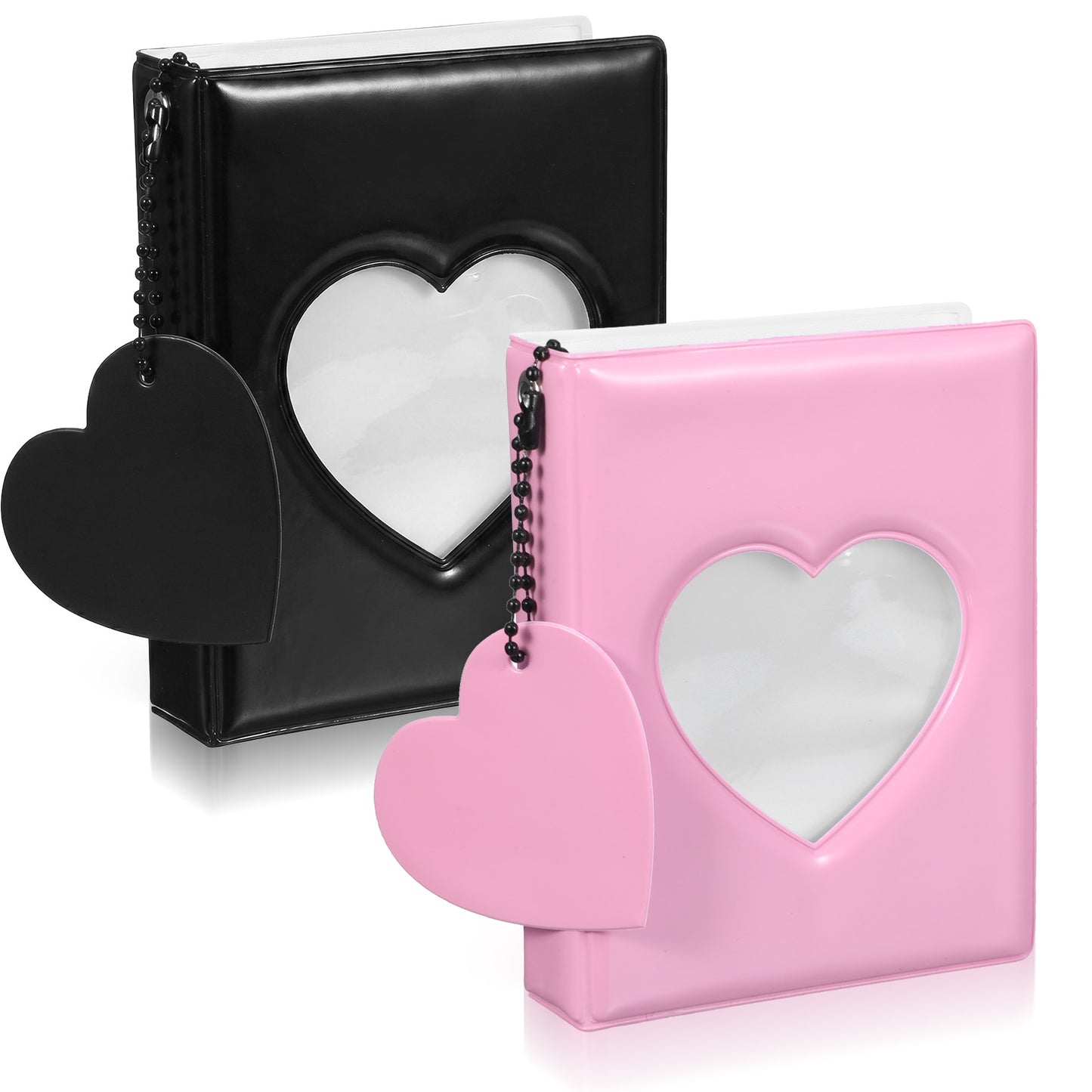 Mini Photo Card Holder Binder, 2-Pack Black and Pink Photo Album with Heart Hollow Design, 32 Pockets Each, Compact and Portable